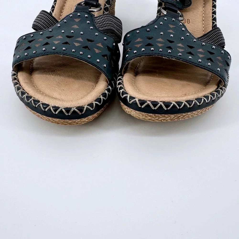 Remonte Soft Wedge Sandals Womens 38 Navy Blue Leather Laser Cut Studded Strappy